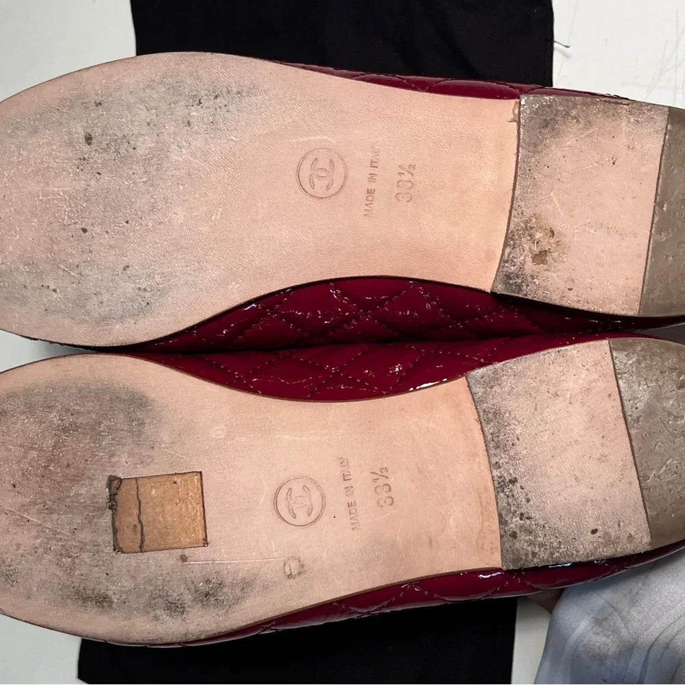 CHANEL Burgundy Patent Leather Flats